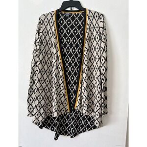 Belle by Belldini Open Front Cardigan Duster Sweater Blk Beige Diamond Pattern M